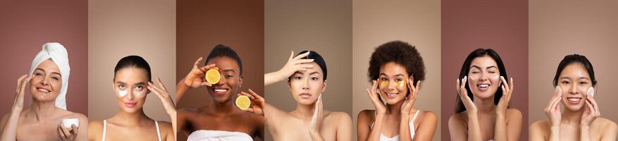 Six multiethnic women of different skin tones applying skincare products and natural remedies to their faces. The women are smiling and appear to be enjoying the process of taking care of their skin. photo