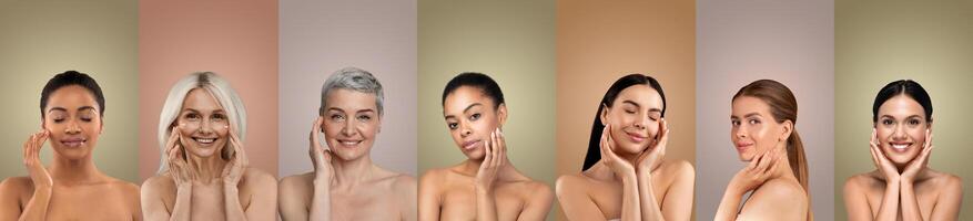 Seven multiethnic women of different ages and hair colors stand against a color gradient background. Each woman is smiling and touching her face with both hands. They are bare-chested. photo