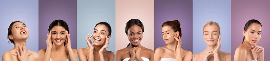 Seven women with different skin tones are smiling and looking at the camera while applying skincare products to their faces. They are each positioned in front of a different colored background. photo