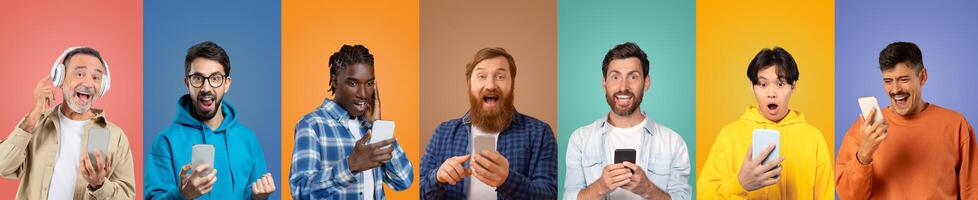 A lively gathering features a group of diverse individuals, expressing excitement while using their mobile devices. The colorful backdrop enhances the joyful atmosphere and camaraderie. photo