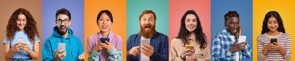 A diverse group of six friends is engaged with their smartphones, displaying various emotions including joy and excitement, set against vibrant colored backgrounds. photo