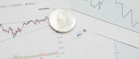 Bitcoin coin is on background of stock chart photo