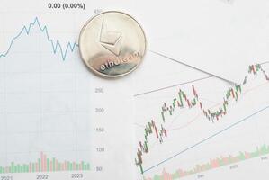 Gold ethereum cryptocurrency coin on stock market line graph trading chart. Top view. photo