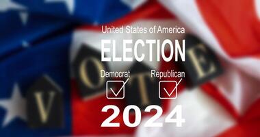 Text Election Day Your Vote is Your Voice with USA Flag on background of sunset. I voted. Voting in America. photo