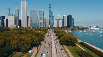 Scenic view of Chicago lakefront S Dusable Lk Shr Dr. The central highway is loaded with traffic. video