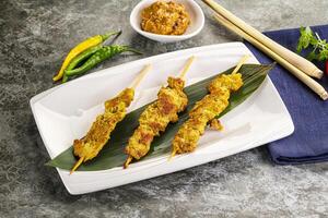 Thai meat skewer Satay with sauce photo