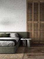 Rustic bedroom corner with a textured wood wardrobe and marble side tables on a herringbone floor, 3d rendering photo
