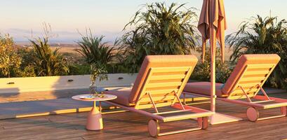 Elevated deck with twin coral sun loungers, a neatly folded umbrella, and lush greenery, offering a panoramic nature view. 3d rendering. High quality 3d illustration. photo