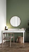 Classic rustic bedroom with dressing table and mirror background. Light modern japanese nature view. 3d rendering photo