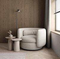 Modern dark wooden livingroom with armchairs, table and lamp background. Light modern japanese nature view. 3d rendering photo