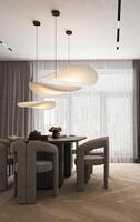 Modern dark minimal style wooden kitchen interior with window and dining table background. 3d rendering photo