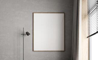 Minimalist interior design with empty picture frame beside a contemporary floor lamp, minimalist design, 3d rendering photo
