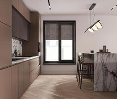 Modern open plan living space with integrated kitchen, featuring a marble island and unique lighting, 3d rendering photo
