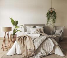 Stylish bohemian bedroom with greenery and neutral tones, cozy and inviting for relaxation, 3d rendering photo