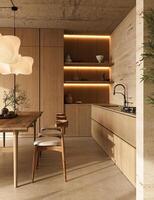 Modern kitchen dining area illuminated by creative lighting fixtures, 3d rendering photo