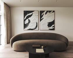 Modern minimalist living room with stylish lighting and comfortable sofa, creating chic atmosphere, 3d rendering photo