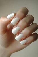 Elegant White Manicured Nails Displayed Against a Soft Neutral Background Showcasing a Stylish Hand Gesture photo