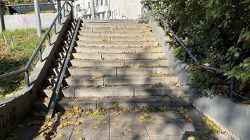 Staircase with metal railing for bike and fallen autumn leaves. photo
