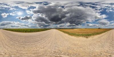 360 hdri panorama on roadside of gravel road with rain clouds in thunderstorm front dark sky in equirectangular spherical seamless projection as skydome replacement photo