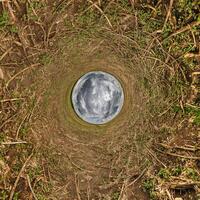 blue hole sphere or globe little planet inside green dry grass frame background photo