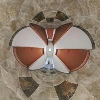 abstractly twisted into spherical 360 panorama interior of modern office with hall staircase and panoramic windows photo