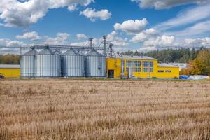 large grain elevator with multiple cylindrical metal silos, structural elements, and a complex system of pipes. It stands against a blue sky, with a field in the foreground after harvest photo