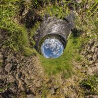 blue hole sphere or globe little planet inside green dry grass frame background photo