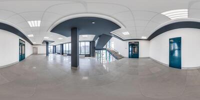 hdri 360 panorama in empty modern hall with columns, doors and panoramic windows in full seamless spherical equirectangular projection, ready for AR VR content photo