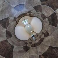abstractly twisted into spherical 360 panorama interior of modern office with hall staircase and panoramic windows photo