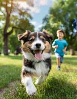 A happy puppy dog pet with a smile running with a child following behind them outside in a park getting exercise.Generated image photo