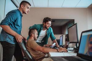 Programmers engrossed in deep collaboration, diligently working together to solve complex problems and develop innovative mobile applications with seamless functionality. photo
