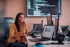 A businesswoman sitting in a programmer's office surrounded by computers, showing her expertise and dedication to technology. photo