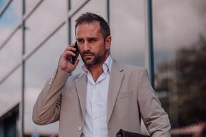 A businessman using his smartphone outdoors, showcasing the seamless integration of technology and mobility in modern professional life. photo