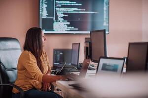 A businesswoman sitting in a programmer's office surrounded by computers, showing her expertise and dedication to technology. photo