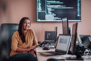 A businesswoman sitting in a programmer's office surrounded by computers, showing her expertise and dedication to technology. photo