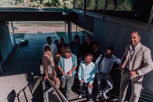 A diverse group of businessmen and colleagues walking together by their workplace, showcasing collaboration and teamwork in the company. photo