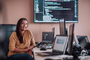 A businesswoman sitting in a programmer's office surrounded by computers, showing her expertise and dedication to technology. photo