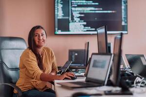 A businesswoman sitting in a programmer's office surrounded by computers, showing her expertise and dedication to technology. photo