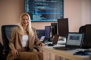 A businesswoman sitting in a programmer's office surrounded by computers photo