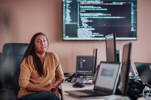 A businesswoman sitting in a programmer's office surrounded by computers, showing her expertise and dedication to technology. photo
