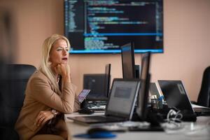 A businesswoman sitting in a programmer's office surrounded by computers photo