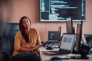 A businesswoman sitting in a programmer's office surrounded by computers, showing her expertise and dedication to technology. photo