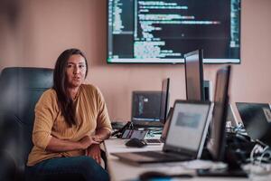 A businesswoman sitting in a programmer's office surrounded by computers, showing her expertise and dedication to technology. photo