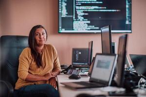 A businesswoman sitting in a programmer's office surrounded by computers, showing her expertise and dedication to technology. photo
