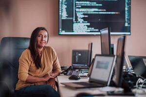 A businesswoman sitting in a programmer's office surrounded by computers, showing her expertise and dedication to technology. photo