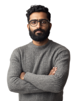 A man with a beard and glasses standing with his arms crossed png