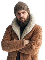 A man with a beard and a beanie is wearing a brown jacket png