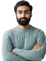 A man with a beard and sweater standing with his arms crossed png