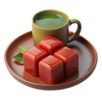 3d render style of four Japanese Yokans, Slices of red bean jelly set on a ceramic plate with a cup of green tea png