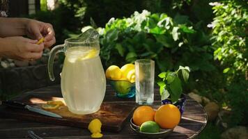 Summer vibes. Making homemade lemonade, adding lemon slices into pitcher. Person preparing seasonal citrus drink. video